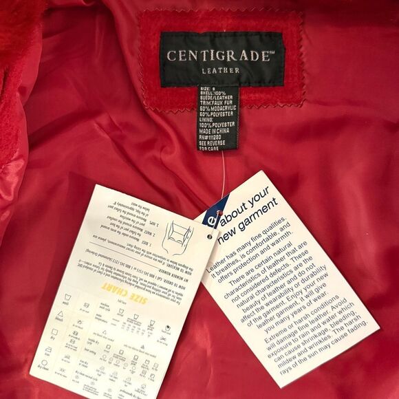 Centigrade Leather Red Faux Fur Collar Leather Zip Up Jacket - Picture 4 of 9